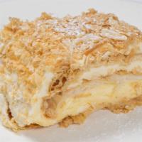 Mille Feuille (Mil-Fey) · Layers and layers of flaky pastry, sandwiched between a light homemade vanilla cream, topped...