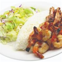 Chicken & Shrimp Teriyaki Plate · Served with steamed rice and salad.