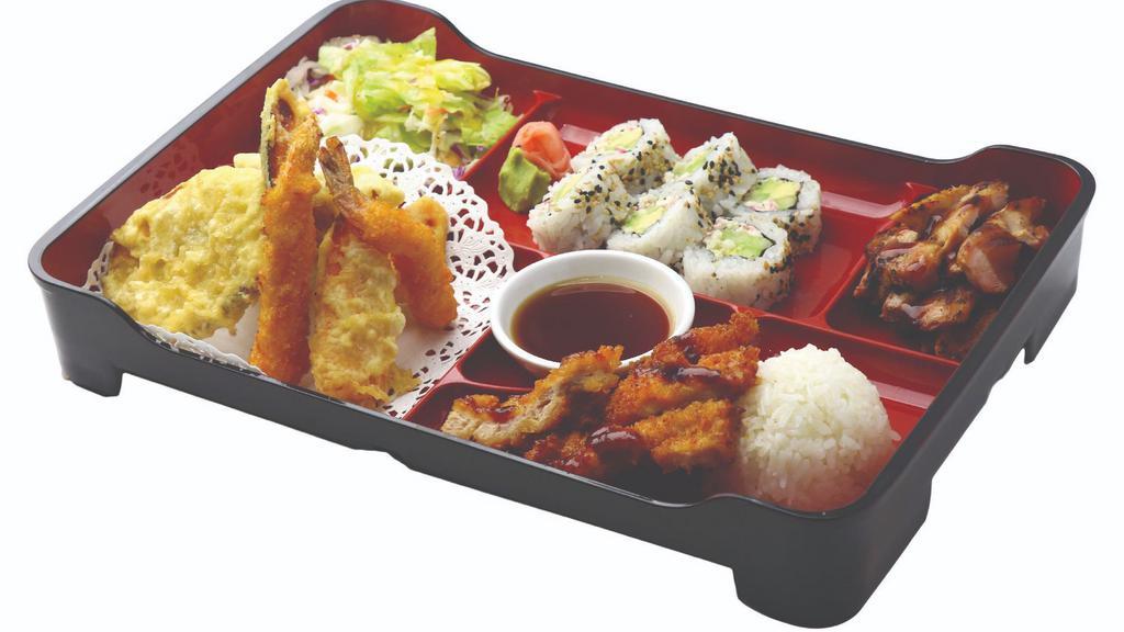 Bento Box - Chicken · Chicken teriyaki, chicken katsu, California roll (6), vegetable tempura (5), prawn tempura (2), rice and salad.