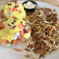 Smoked Salmon Benedict · Smoked salmon, cream cheese, tomatoes, red onion and capers.