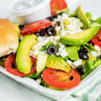 Greek Feta Salad · crisp lettuce, tomatoes, cucumbers, red onions, avocado, feta cheese, pepperoncini and Greek...