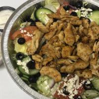 Chicken Salad · Served with lettuce, tomatoes, cucumbers, onions, black olives, feta cheese, and choice of d...