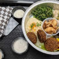 Vegetarian  Plate · served with Hummus, Baba Ghanouj, Fried Cauliflower, Tabouli salad, Falafel and Dolma