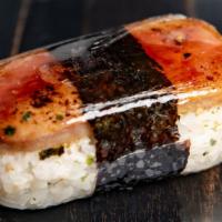 Spam Musubi · Caramelized sweeet soy glaze spam, sushi rice and nori wrapped.