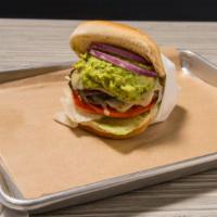 Guacamole Burger · Two beef patties, fresh guacamole, lettuce, tomato, sliced red omion, and pepper jack cheese.