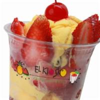 Helado Con Fresa 16 Oz. · Two scoops of ice cream, with condensed milk, strawberries and a cherry.