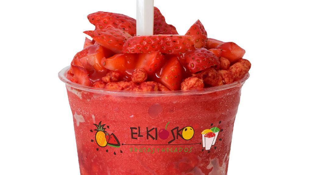 Hot Cheeto Crunch 16Oz · Ingredients: Strawberry Trole, strawberry fresh fruit, Hot Cheetos, liquid chamoy, Valentina sauce and lime.