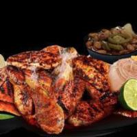  Whole Chicken · Served with tortillas, grilled onion, salsa (2) and lime. Choice of two sides (8 oz.) each.