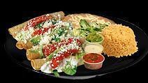 Flautas · Includes lettuce, onions, tomatoes, queso fresco, avocado, and sour cream. Served with rice ...