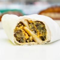 Breakfast Burrito · With choice of meat (sausage or bacon), egg, cheese.