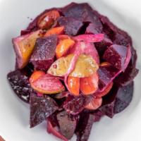 Beet Salad · roasted beets, pears, pickled fennel, cherry tomatos, lemon vinaigrette, beet hummus