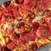 Sq- Deluxe · pepperoni, sausage, roasted peppers, onions