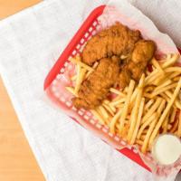 Chicken Tenders · Breaded all white strips of chicken with fries and dipping sauce. Ranch, Honey Mustard or BB...