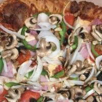 Gluten Free 10' Supreme · A great mix of meat & veggies. Pepperoni, sausage, ham, fresh sliced mushrooms, onion, green...