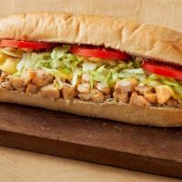 Chicken Sub · Seasoned chicken, mozzarella cheese, shredded lettuce, and tomatoes. Side of mayo.