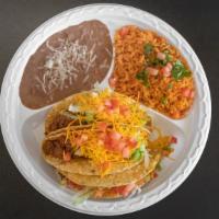 Crispy Taco · Served with rice, beans, a churro, and a small drink.