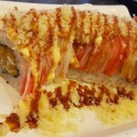 Shaggy Dog Roll · Two shrimp tempura, topped crabmeat, crunchy, spicy mayo, eel sauce.