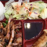 Chicken Teriyaki Bento · Served with miso soup salad egg roll steamed rice shrimp vegetable tempura rice shrimp and v...