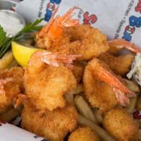 Shrimp Basket (8) · Panko battered shrimp served with sam's seasoned fries, cole slaw + hushpuppies