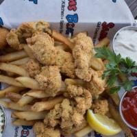 Oyster Basket  · 12 cornmeal fried oysters served with sams seasoned fries, cole slaw + hushpuppies