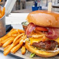 Bbq Bacon Cheeseburger · Angus burger, american cheese, spicy bbq sauce, frazzled onions, bacon, lettuce, tomato, art...