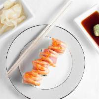 Rocky Mountain Roll · Shrimp tempura, cream cheese and cucumber, tempura style, topped with smoke salmon, avocado ...
