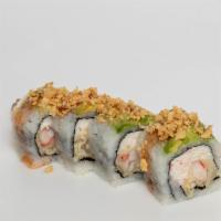 Scorpion Roll · Shrimp tempura, cream cheese, jalapenos inside, topped with crab stick, avocado and spicy wa...