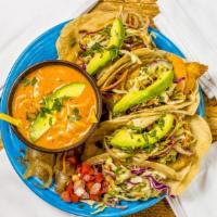 Baja Fish Tacos · Soft Corn Tortillas, Grilled or Fried, Beef Battered Fish, Cilantro Petso, Chipotle Aioli, M...
