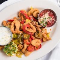 3- Pepper Calamari · Fried calamari sautéed and tossed with garlic, pepperoncini, cherry, and roasted red peppers...