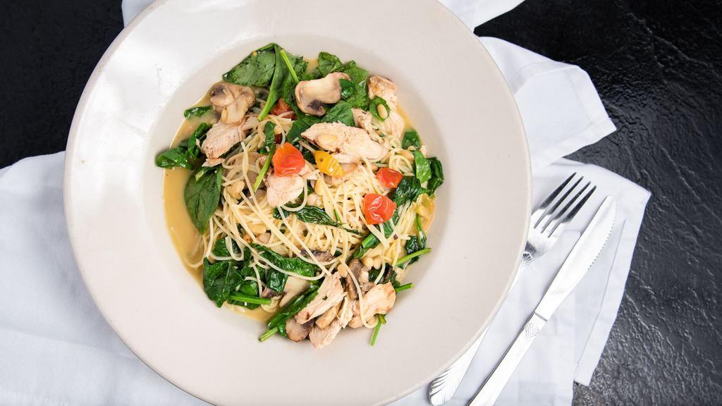 Angel Hair With Chicken & Spinach · Grilled chicken, fresh spinach, mushrooms, tomatoes, and pine nuts with a lemon wine sauce.