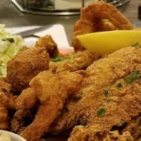 Crazy Cajun Platter · Fried catfish, shrimp, hush puppies. Served with two sides.