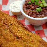 Catfish With Red Beans & Rice · One filet of Catfish served with a cub of Red Beans & Rice