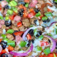 Extreme Supreme Pizza · Pepperoni, beef, sausage, Canadian bacon, mozzarella, red, green bell peppers, black olives,...
