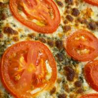 Marge & Rita’S Pizza · Basil pesto, mozzarella, and sliced Roma tomatoes.