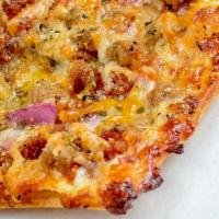 Bacon Cheeseburger Pizza · Beef, bacon, mozzarella, cheddar, onions, red bell pepper & more cheese!