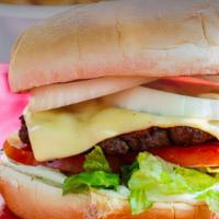 All American Cheese Burger · Favorite. Fresh all American beef, American cheese, tomatoes, lettuce, pickles, onions, ketc...