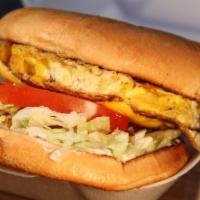 Vegetarian Egg Burger · Scrambled eggs topped with melted cheese, tomatoes, lettuce, pickles, onions, ketchup and ma...