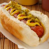 Hot Dog · All beef halal hotdog on a bun, comes with ketchup, radish, onions and mustard.