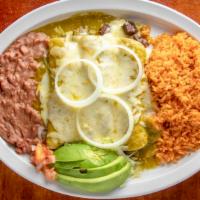 Homero'S Favorite Enchiladas · Three barbacoa enchiladas with our special super hot jalapenos salsa or mild green salsa lau...