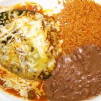 Chile Relleno · Ground beef picadillo or white cheese (queso fresco) served with rice, beans, and tortillas.
