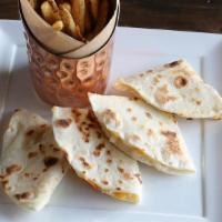 Kids Quesadillas · Buttermilk flour tortillas filled with cheddar and jack cheeses served with fresh-cut fries,...