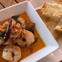 Gambas Al Ajillo · Fresh Gulf shrimps, garlic, chili, extra virgin olive oil, crusty sourdough