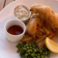 Fish & Chips · Beer batter cod, fries, sauce tartare, mint and green peas, malt vinegar