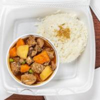 Pork Menudo · Base pork stew meat with carrots, potato and green peas.