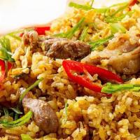 Arroz Con Pollo / Rice With Chicken · Pollo, vegetales salteados, maduros o tostones, ensalada / chicken, sautéed vegetables, swee...