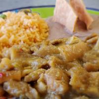 Pork Chicharron In Green Salsa Plate · Served with rice, beans, salsa, onions and cilantro, and tortillas.