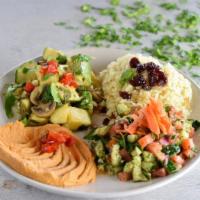 Andalous Sampler · Choice Of One Meat & Four Sides Of Any Of Our Salads, Veggies, Or Dips