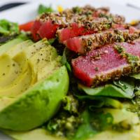 Ahi Tuna Salad · Pepper-crusted tuna, spring mix, avocado, citrus, grape tomatoes, red onion, cucumber, basil...