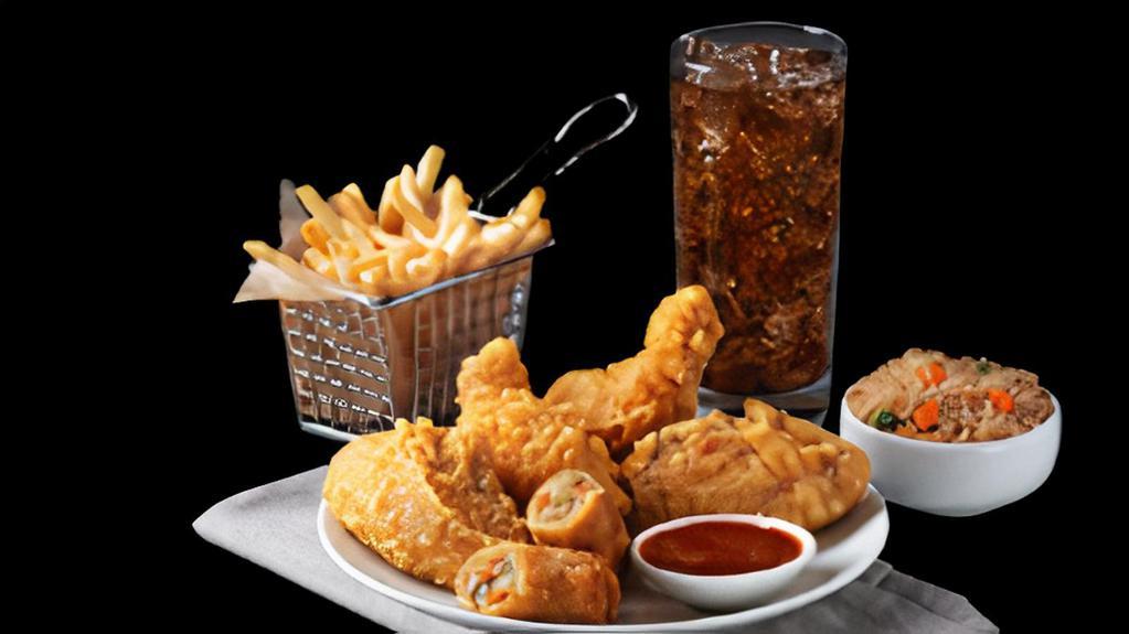 #3) 4 Wing Meal · 4 piece Chicken Wings (bone-in), Rice or Fries, Eggroll, Large fountain drink & 1 dipping sauce.