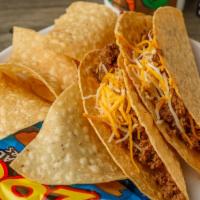 Crispy Tacos · Two ground beef and cheese crispy tacos served with chips, kid’s drink, and animal crackers....